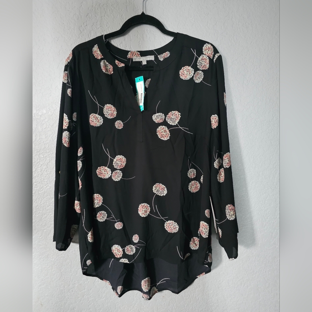 Daniel Rainn Koda Top Women Black Dandelion Floral V-NECK Casual Blouse XXL